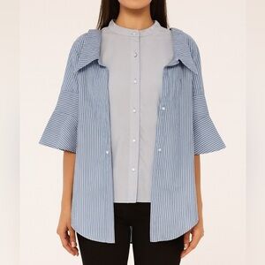 BESFXXK Pin Striped Layered Button Down Bell Sleeve T-Shirt